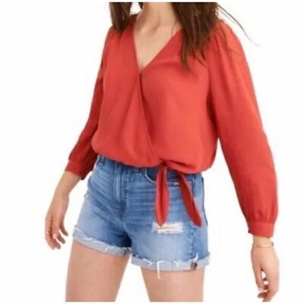 Madewell Womens Coral Pink Silk Wrap Blouse Small Cropped Surplice